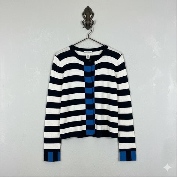 Doncaster Large Hidden Snap Closure Knit Cardigan Cotton Blend White Blue Stripe - Picture 1 of 8